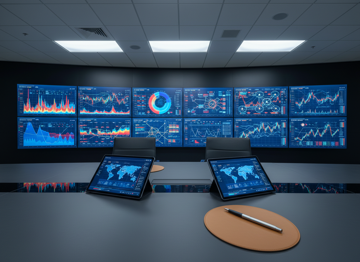 A meticulously organized digital war room focused on risk and portfolio management, shown in photographic realism. A large wall of seamless displays stretches across the background, filled with colorful, abstract data visualizations, heat maps, and interconnected network diagrams representing global and crypto markets, all free of readable text. In the foreground, a dark matte conference table holds a few minimalist devices and a single metallic pen resting on a leather pad. Cool, controlled overhead lighting and subtle reflections on glass create an atmosphere of precision and vigilance. Shot from a wide, eye-level angle, the composition communicates disciplined oversight, strategic insight, and trustworthy institutional-grade financial consulting.