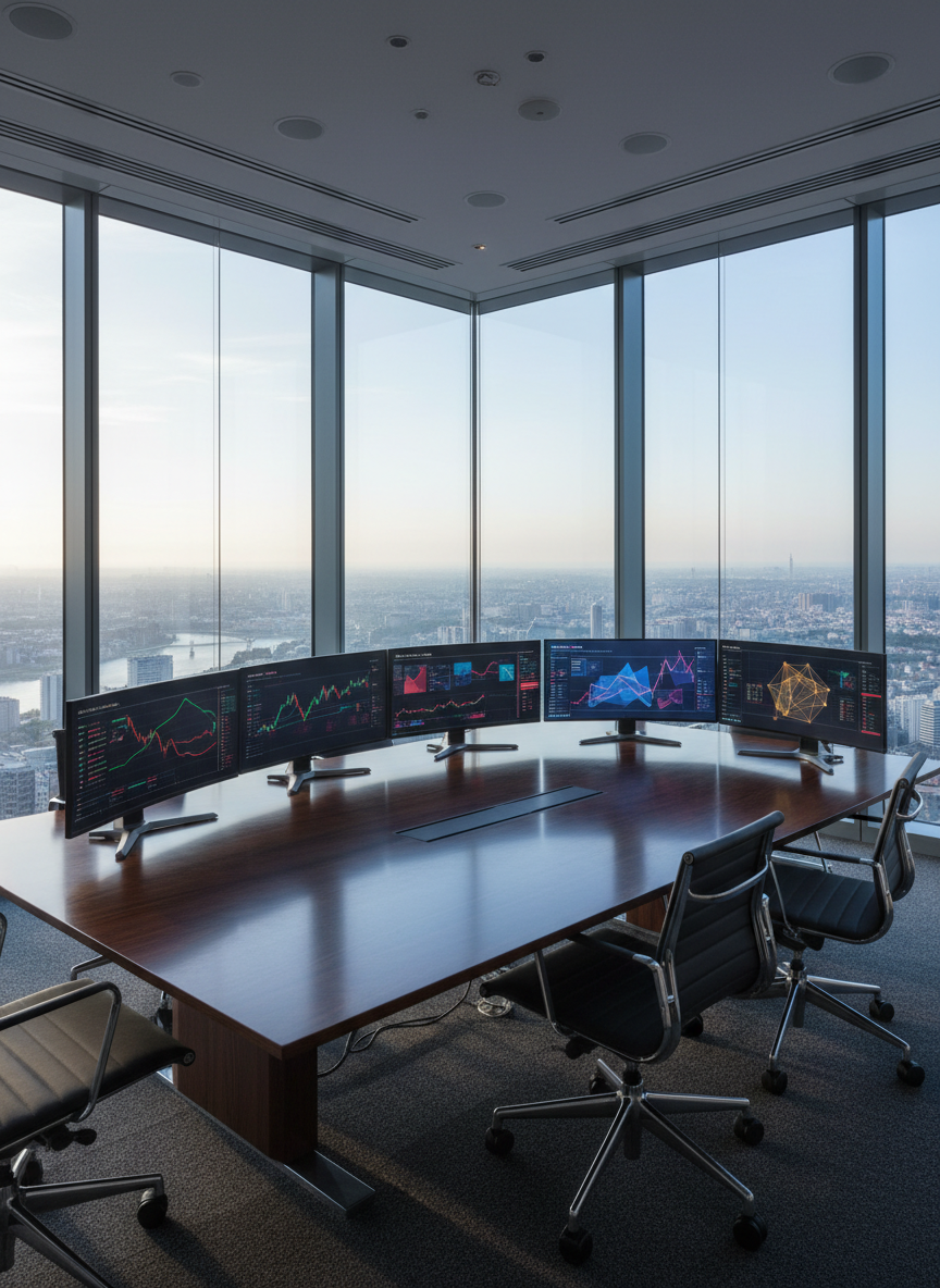 A sleek, glass-walled corner office high above a modern city skyline, with a large dark-wood conference table as the focal point. On the table, multiple ultra-wide monitors display sharp, colorful financial charts, crypto market data, and risk analysis dashboards, all rendered as abstract shapes and graphs without any text. Soft, cool daylight filters through floor-to-ceiling windows, reflecting subtly on brushed metal surfaces. The atmosphere feels confident and disciplined, with a clean, uncluttered layout. Photographic realism, captured from a slightly elevated angle with sharp focus throughout, emphasizing transparency, stability, and expert financial guidance in a professional consulting environment.