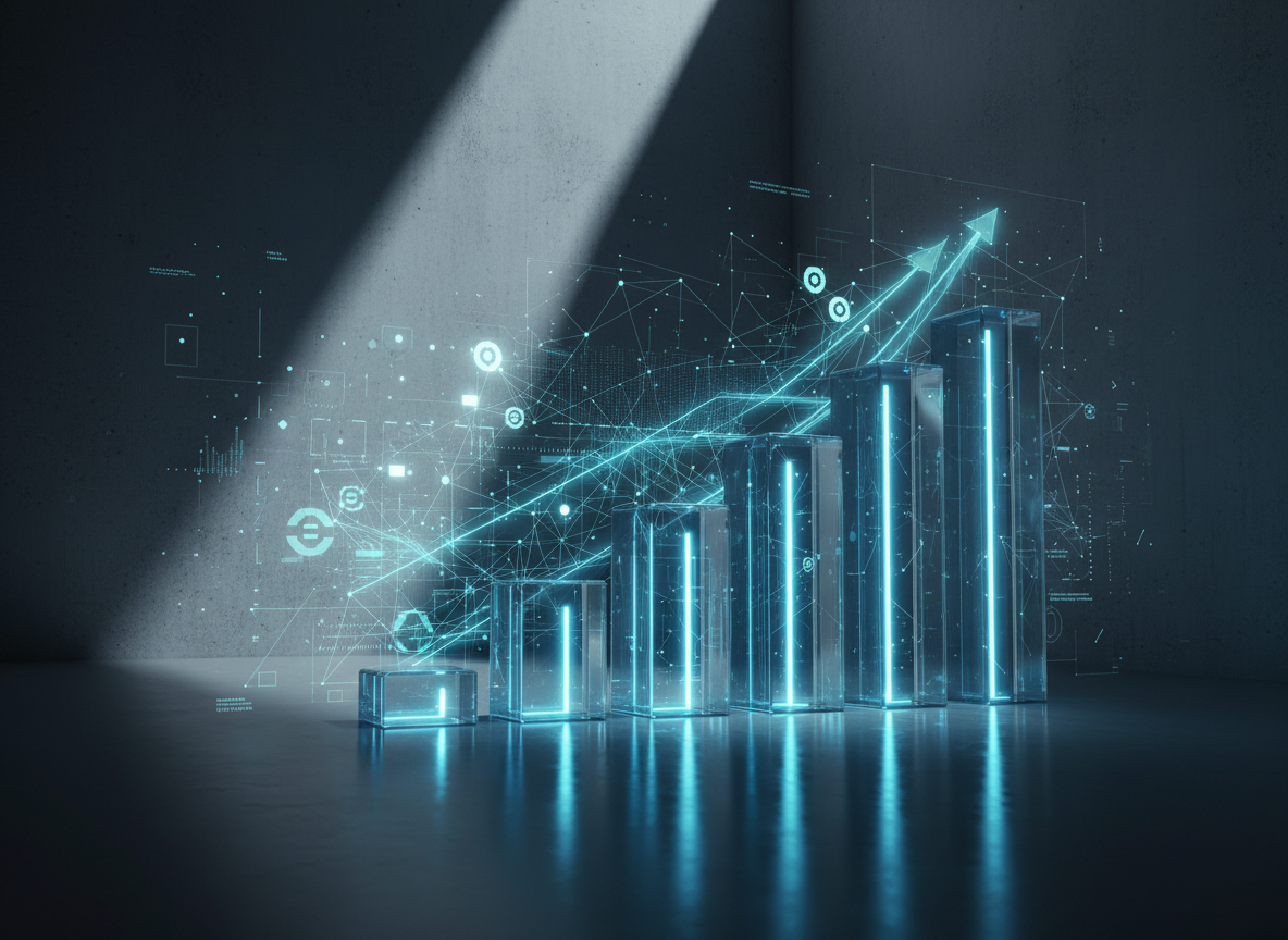 An abstract yet photographic representation of financial growth: a series of transparent glass bars rising from a reflective dark surface, each bar illuminated from within by a soft blue glow, forming a dynamic upward trend. Behind them, faint holographic-style overlays suggest market data and blockchain networks as geometric lines and nodes, avoiding any legible text. The scene is set in a dim, minimalist space, with a single directional light source casting long, dramatic shadows that enhance depth. Captured from a low-angle perspective to make the bars feel towering and aspirational, the mood is bold, forward-looking, and impeccably professional, embodying empowerment and future-focused financial consulting.