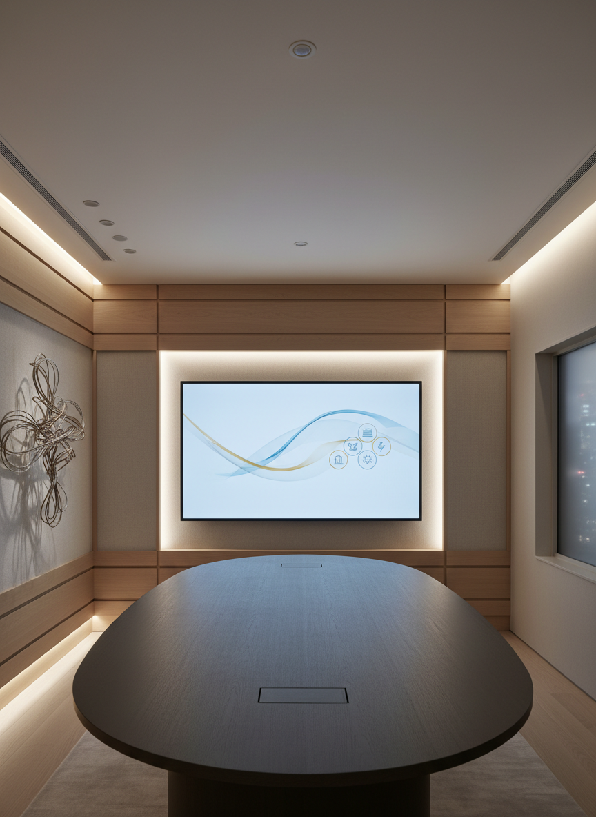 A serene, high-end client briefing space designed for a boutique finance consulting firm, rendered in photographic realism. A central oval table made of matte charcoal wood stands in front of a large, wall-mounted screen displaying a clean, abstract growth curve and diversified asset icons without text. The room features neutral tones, structured panel walls, and a single sculptural metal art piece suggesting interconnected markets. Soft, indirect LED lighting washes the walls, while a gentle glow from a concealed window hints at the city outside. Captured with balanced, symmetrical composition and medium depth of field, the mood is calm, trustworthy, and focused on long-term financial empowerment.