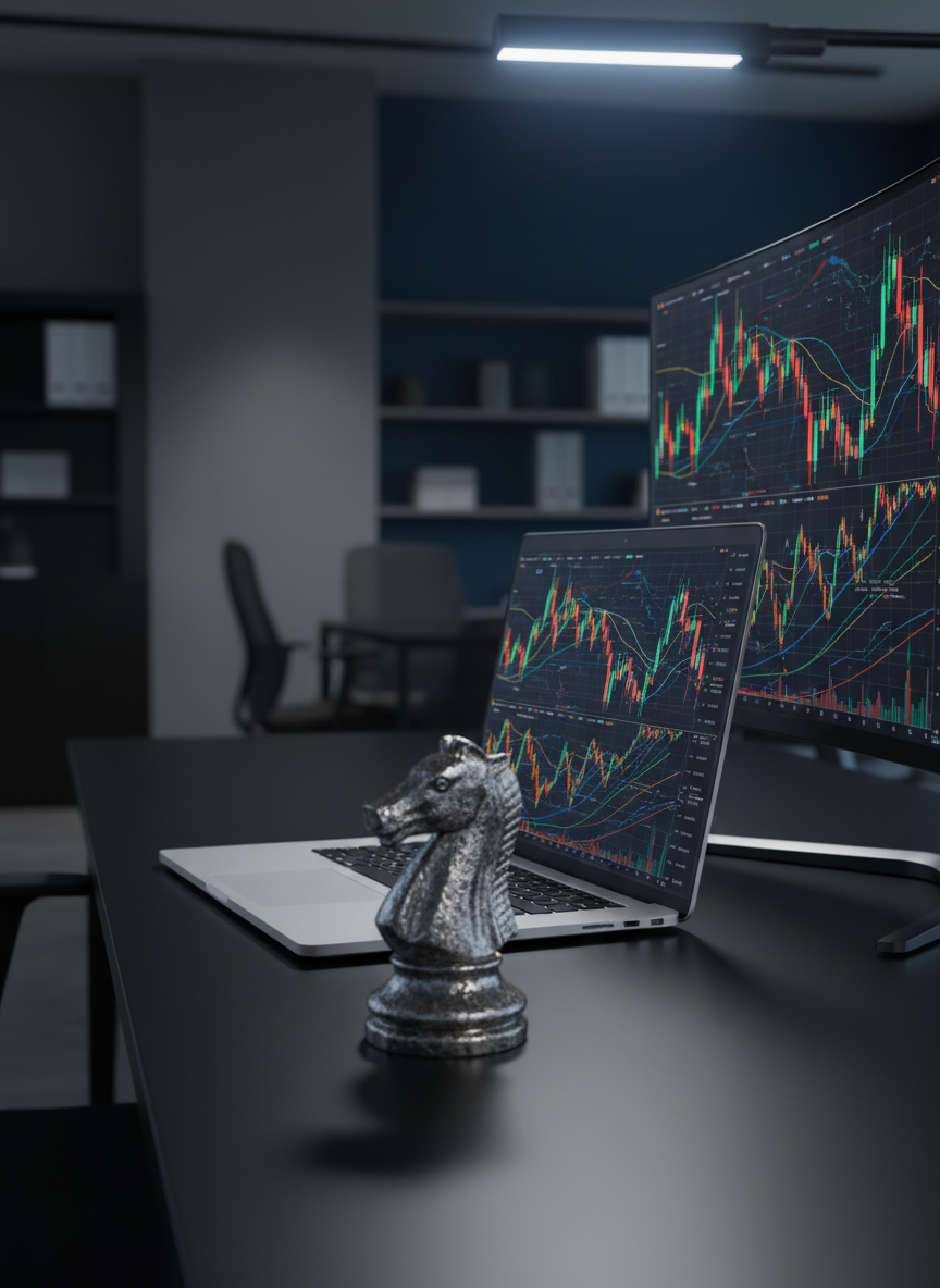 A close-up, photographic realistic scene of a polished black desk featuring a slim silver laptop and a large curved monitor showing intricate, multicolored line graphs and candle-style charts representing traditional and crypto markets, all without readable text. A heavy, matte-metal chess knight stands in the foreground, its detailed texture symbolizing strategic thinking. The background fades into a softly blurred view of a tidy, high-end office with muted blues and grays. Cool, focused task lighting creates crisp highlights and gentle shadows, producing a calm, analytical mood. Shot at eye level with a shallow depth of field, the composition draws attention to the balance between technology, strategy, and financial expertise.